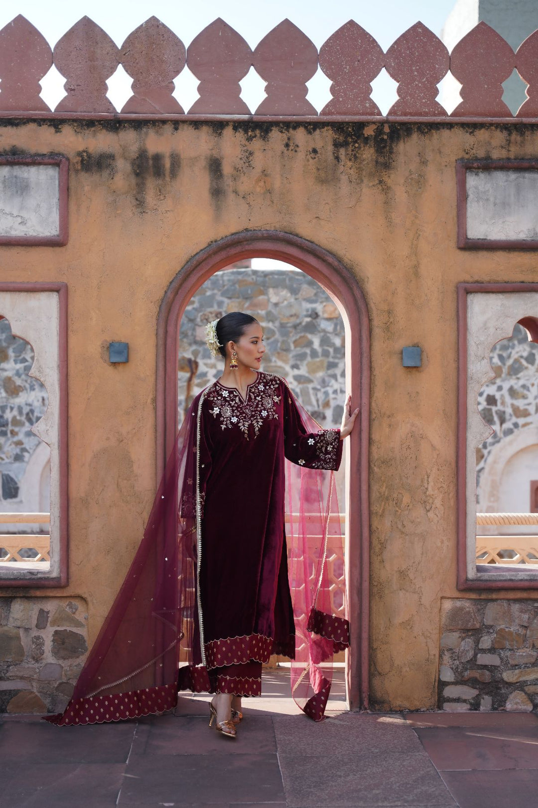 Zarina Velvet Suit Set - Wine