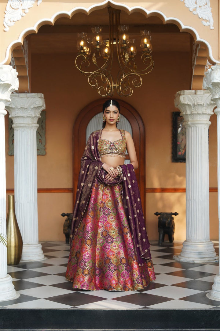 Myza Silk  Lehenga Set - Pink /Wine