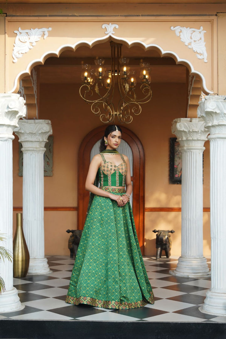 Eshi Printed Lehenga Set - Forest Green