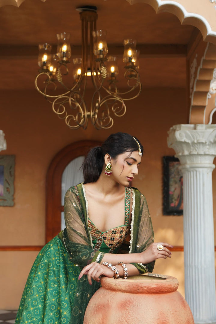 Eshi Printed Lehenga Set - Forest Green