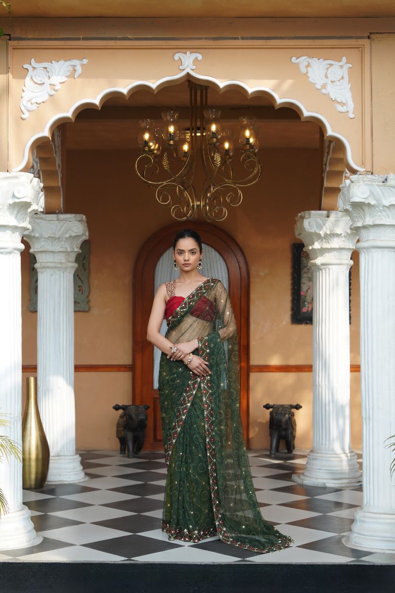 Mavis Net Saree - Green