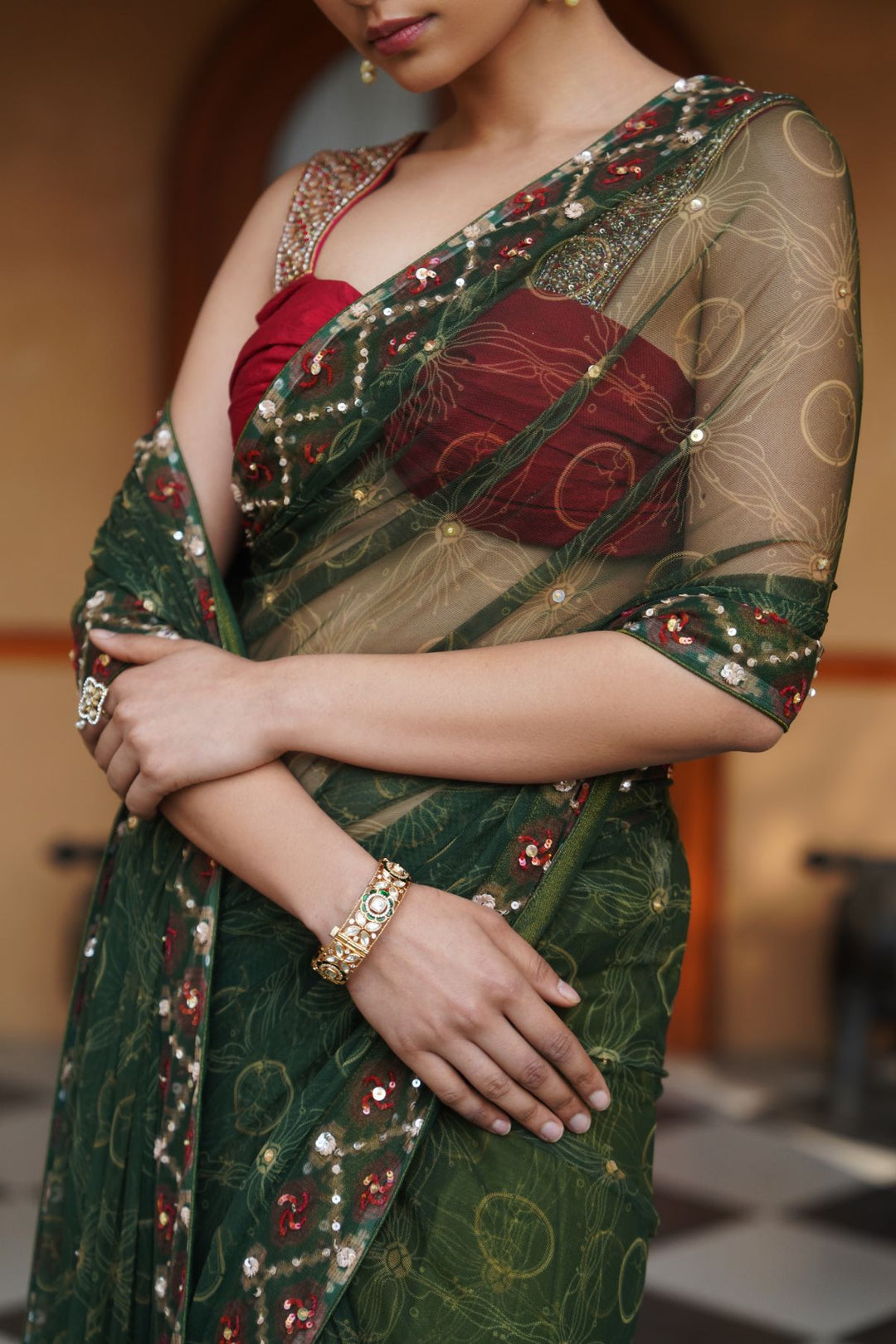 Mavis Net Saree - Green