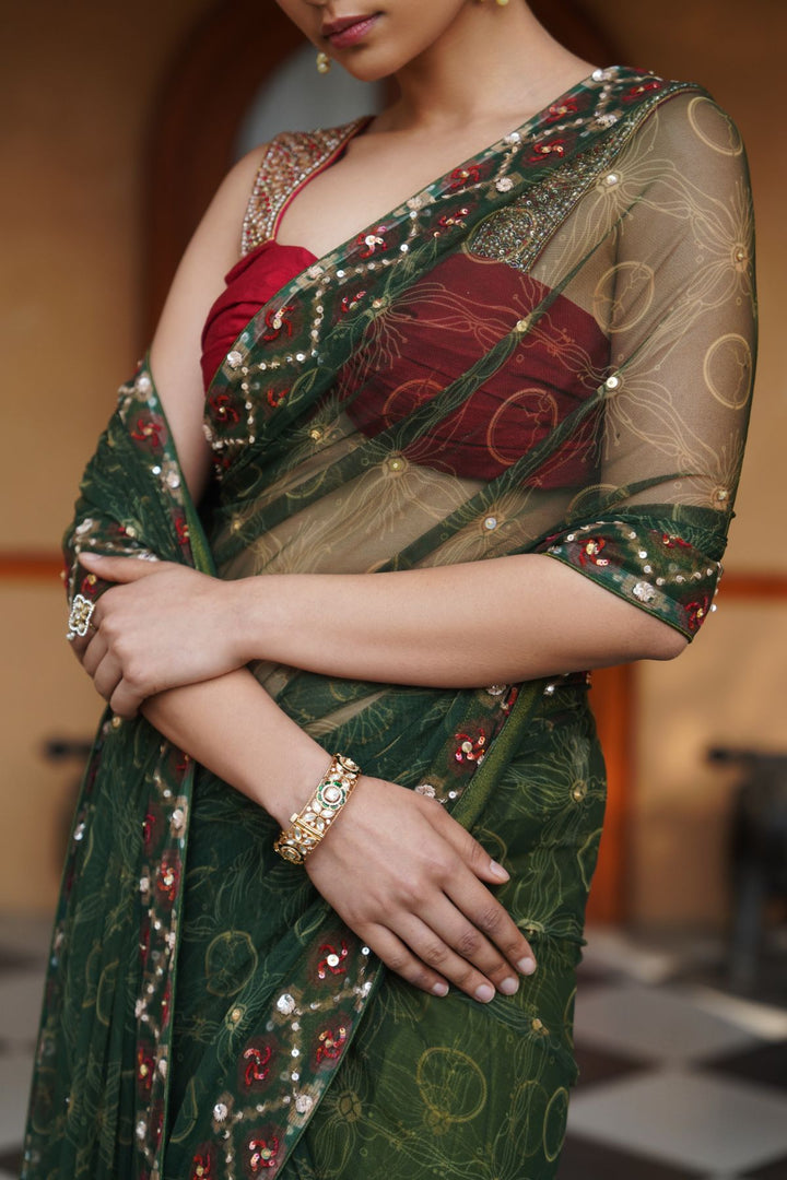 Mavis Net Saree - Green