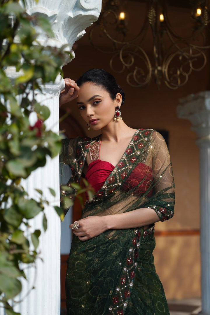 Mavis Net Saree - Green