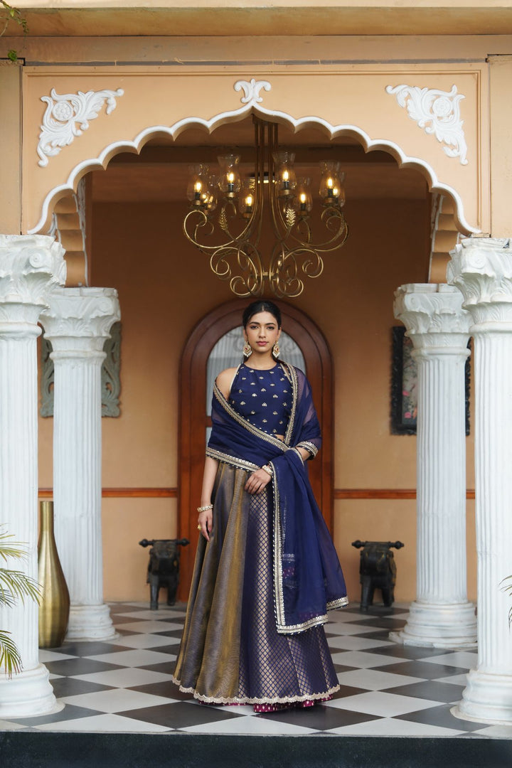 Ezra Silk Lehenga Set - Navy Blue