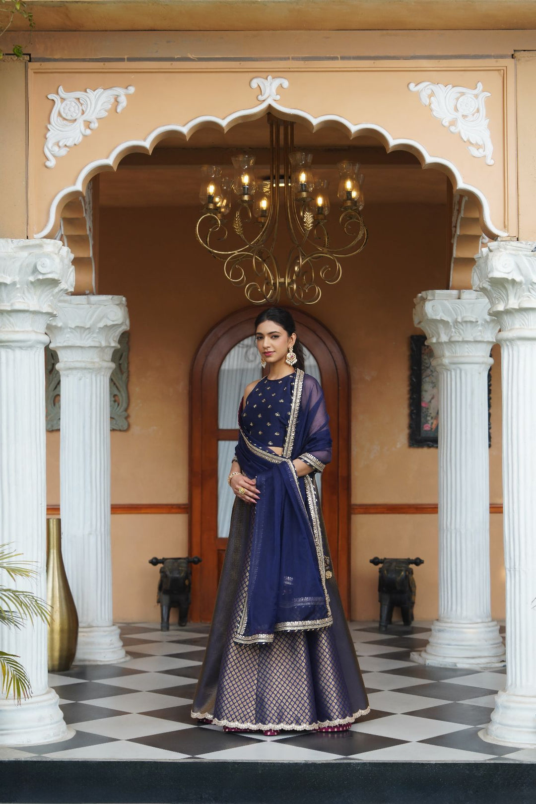 Ezra Silk Lehenga Set - Navy Blue