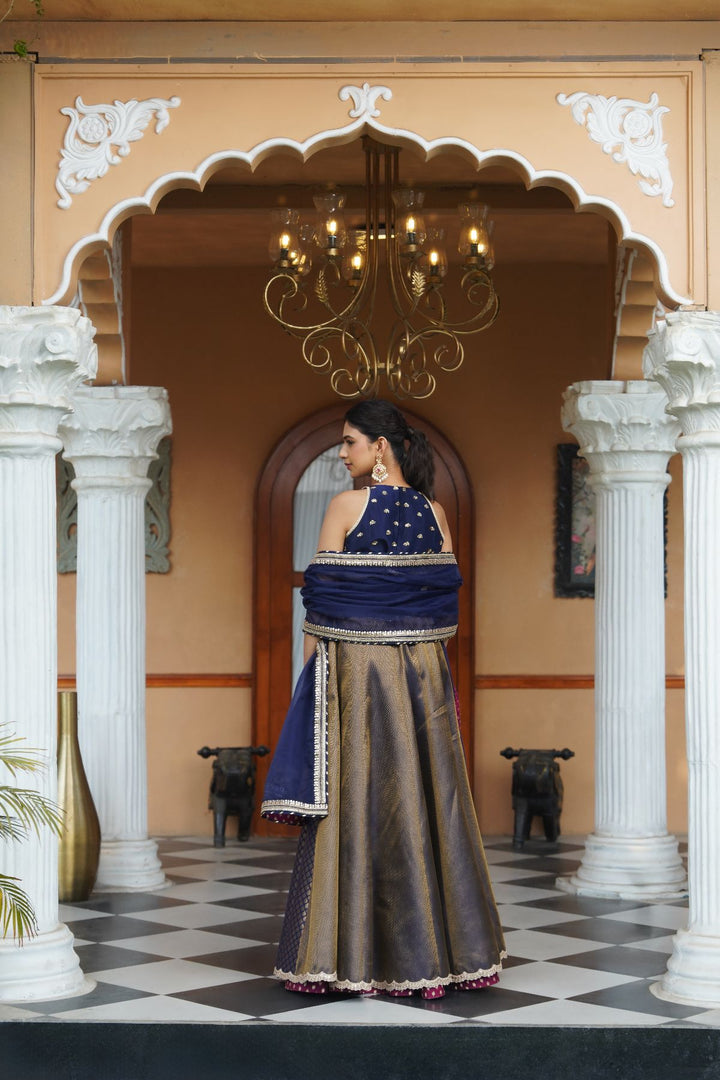 Ezra Silk Lehenga Set - Navy Blue