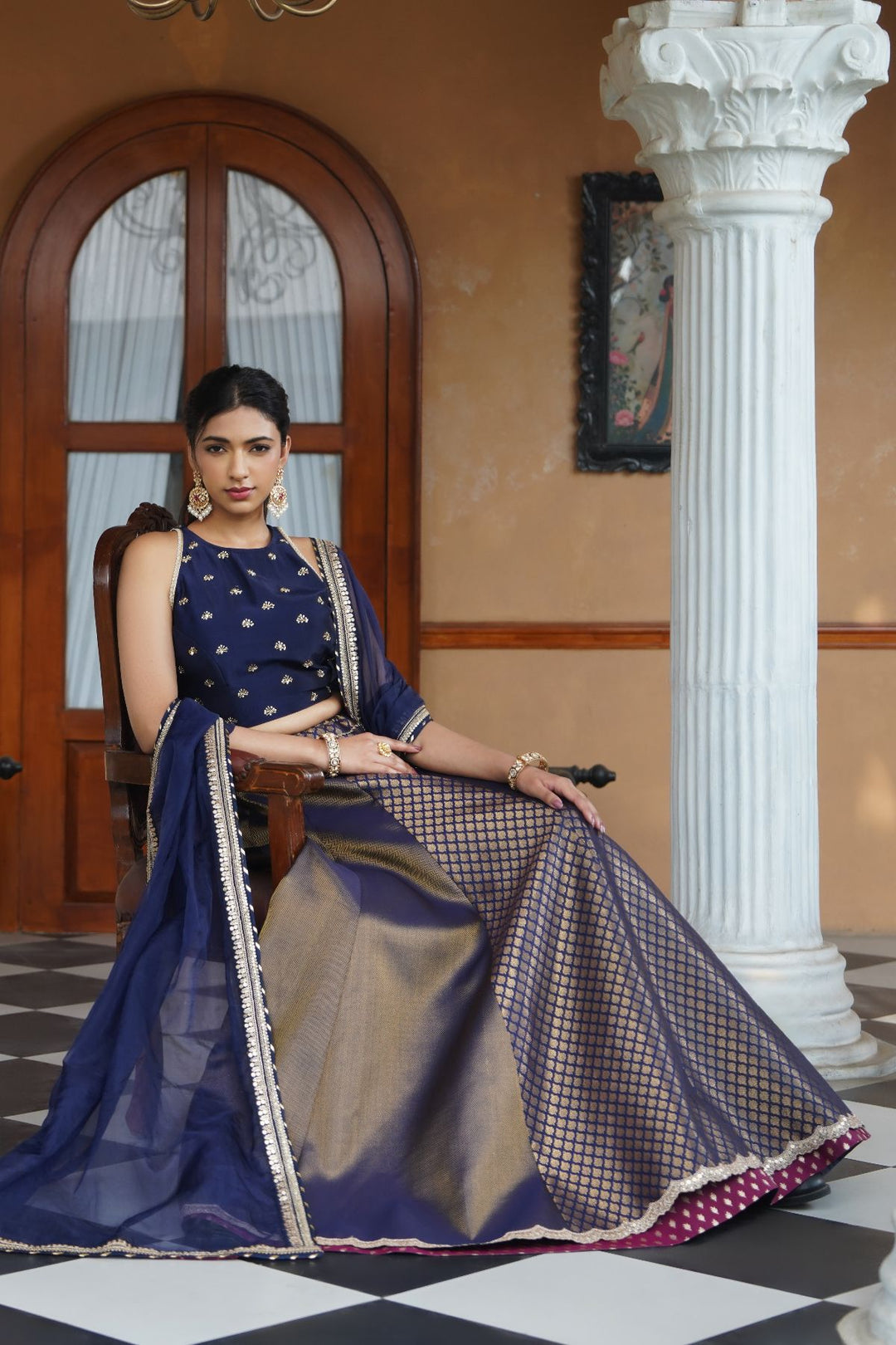Ezra Silk Lehenga Set - Navy Blue