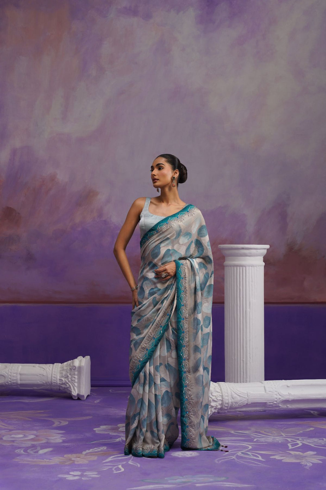 Aeris Printed Saree-Grey