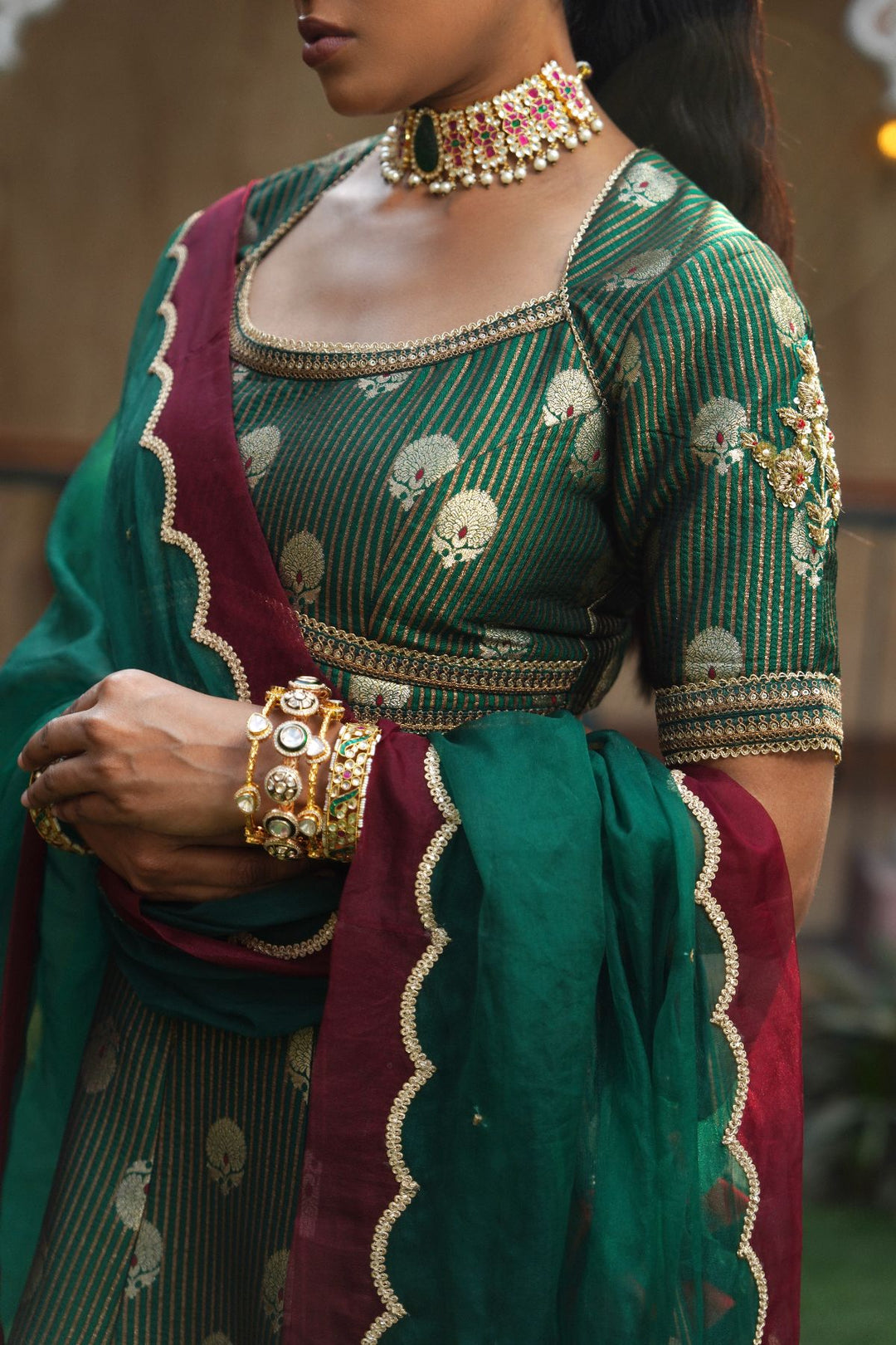 Amara Silk Lehenga Set - Emerald Green