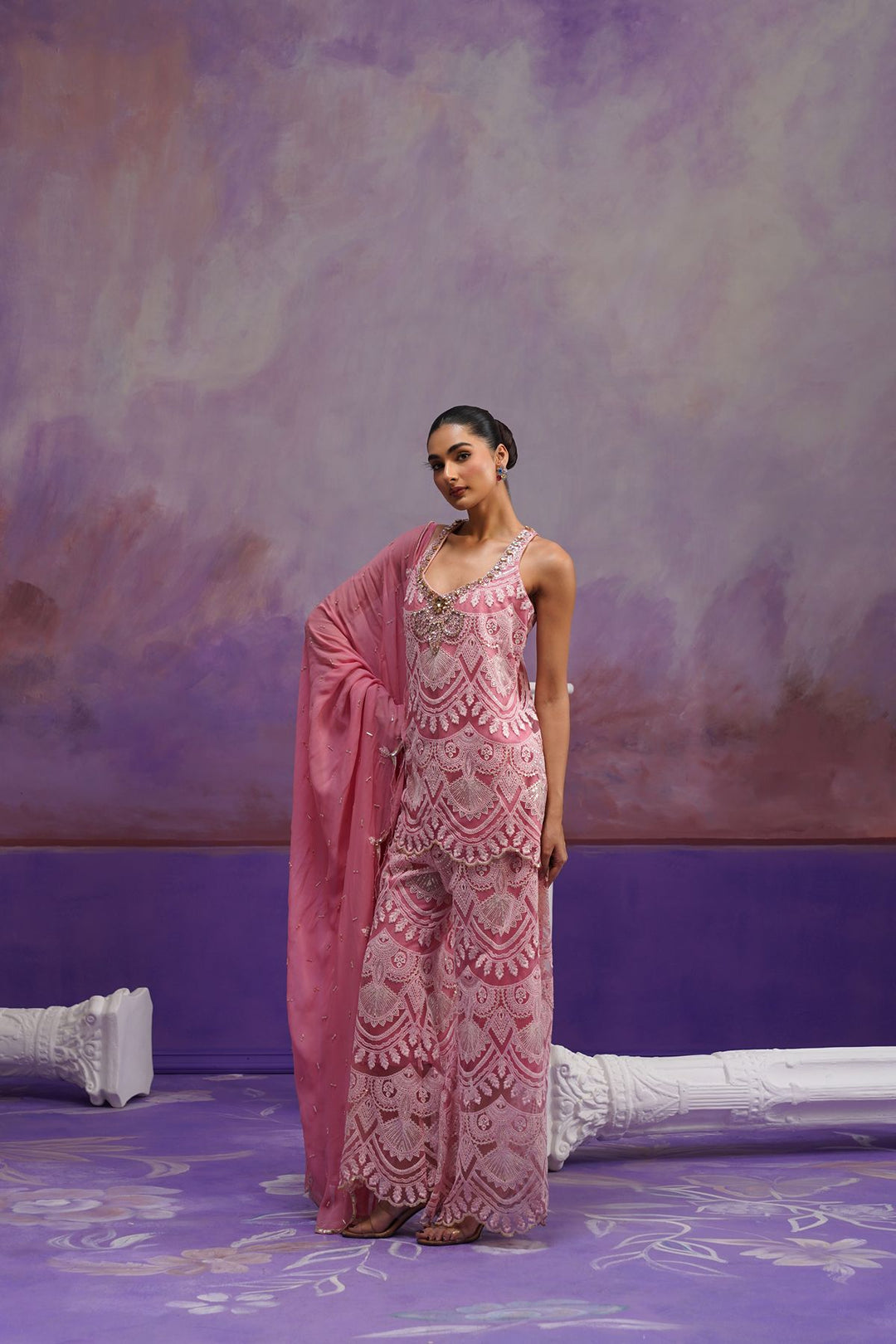 Zuri Floral Kurta Set- Old Rose