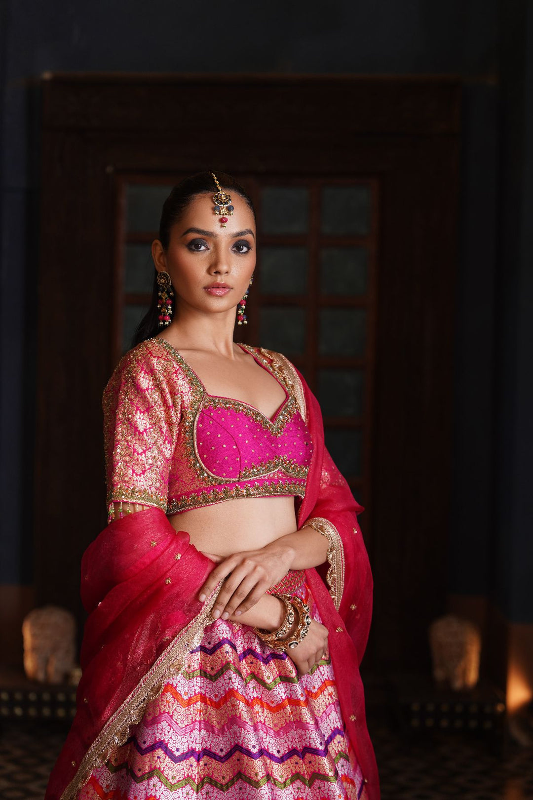 Amal Banarasi Silk Lehenga Set - Pink