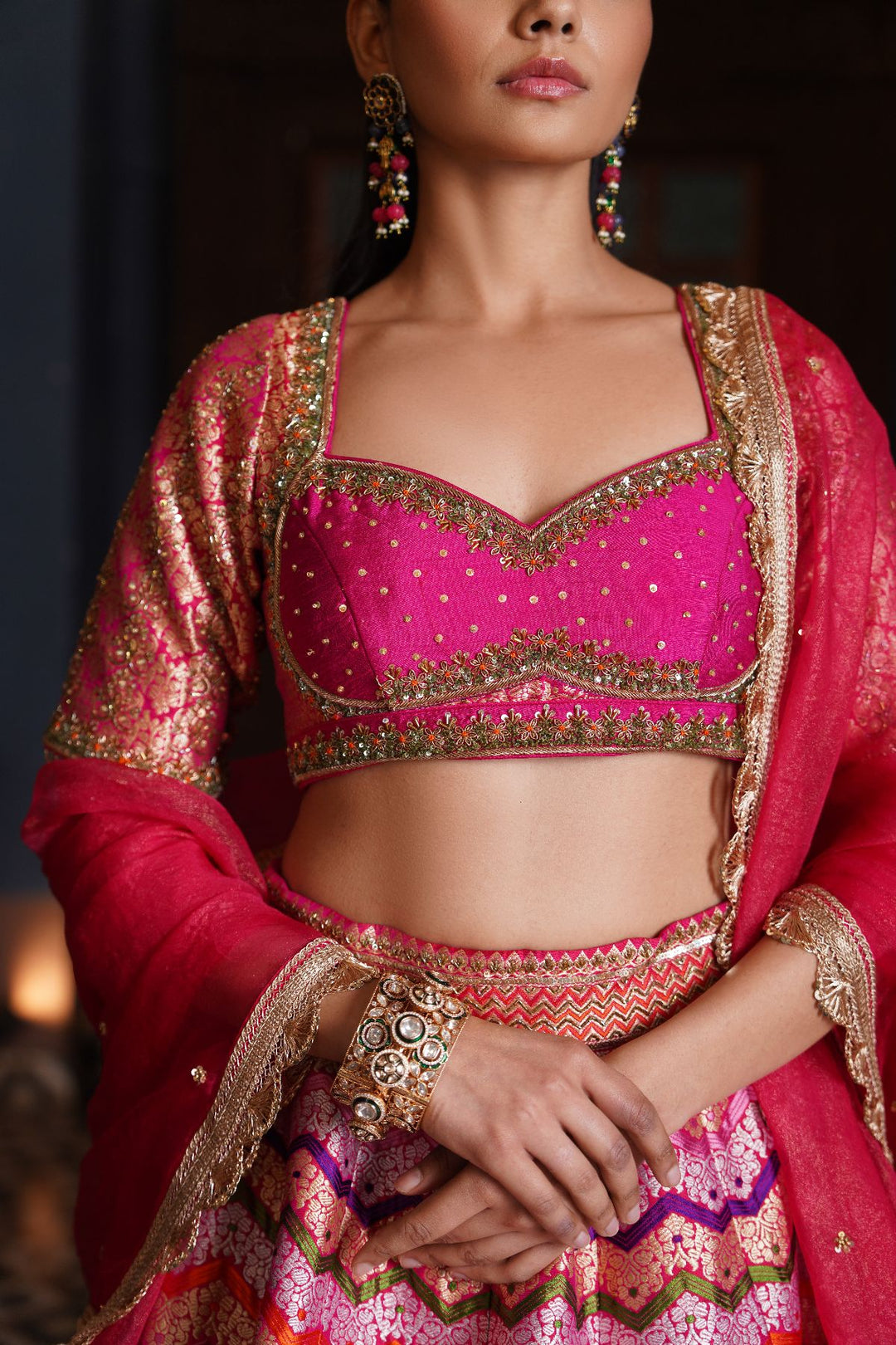 Amal Banarasi Silk Lehenga Set - Pink