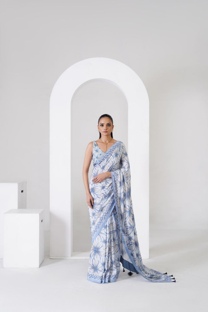 Josette Printed Saree - Powder Blue