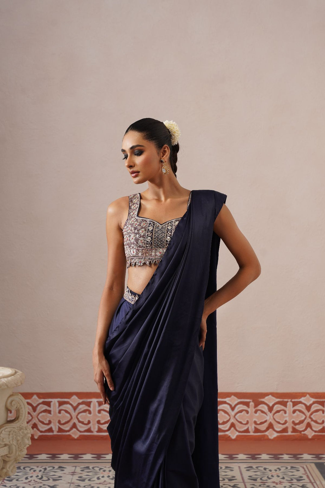 Hira Drape Saree-Navy Blue