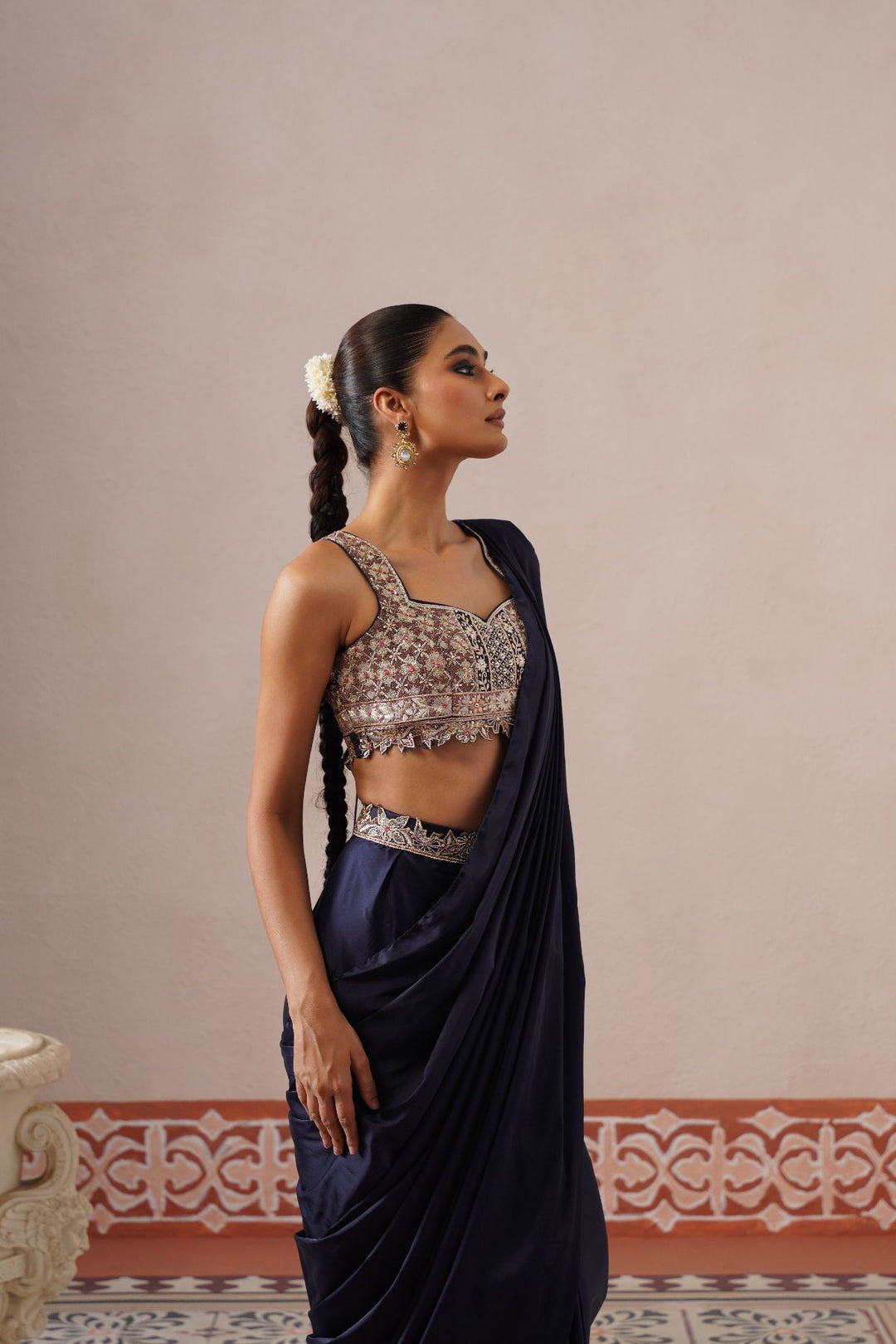 Hira Drape Saree-Navy Blue
