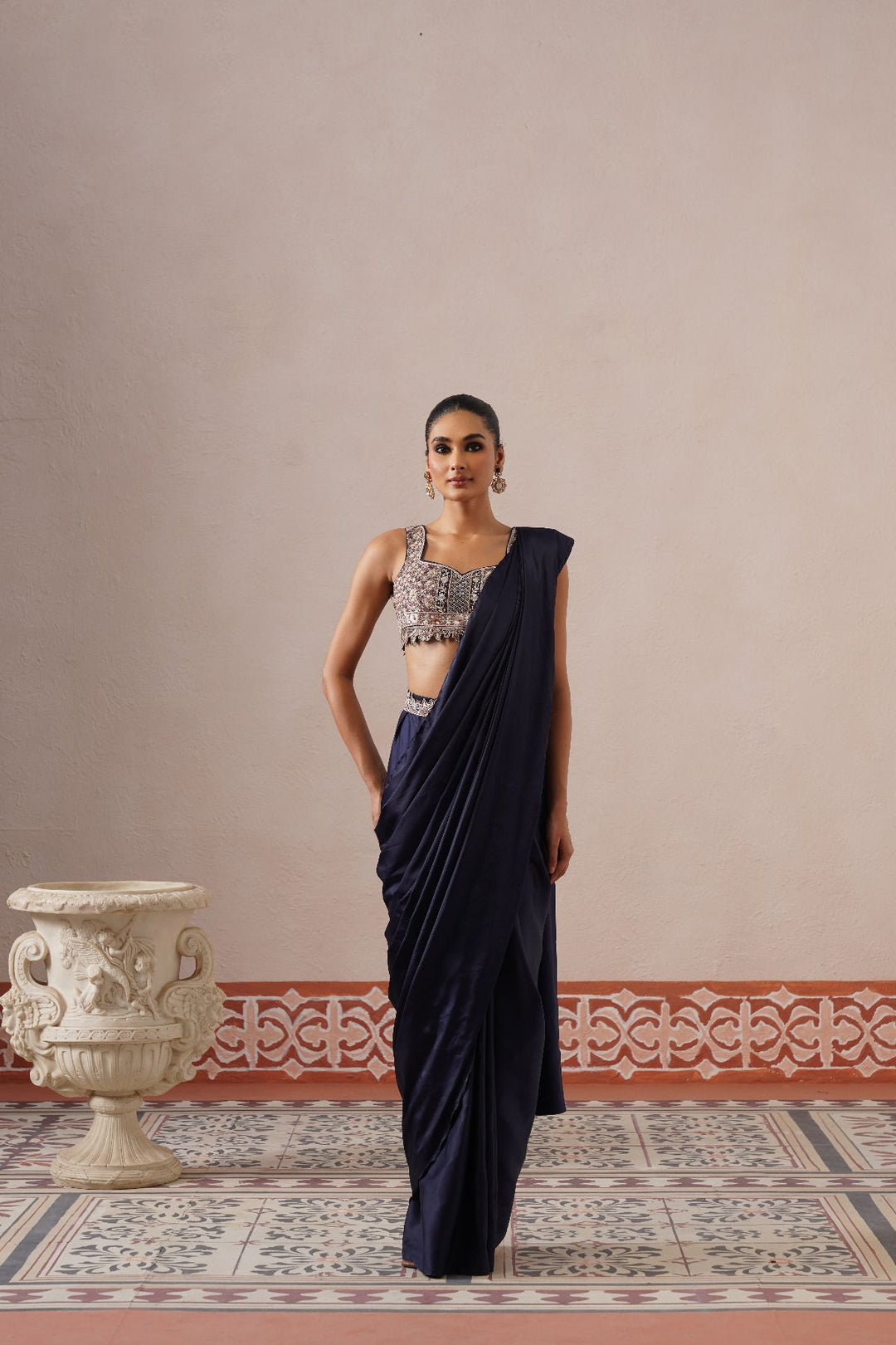 Hira Drape Saree-Navy Blue
