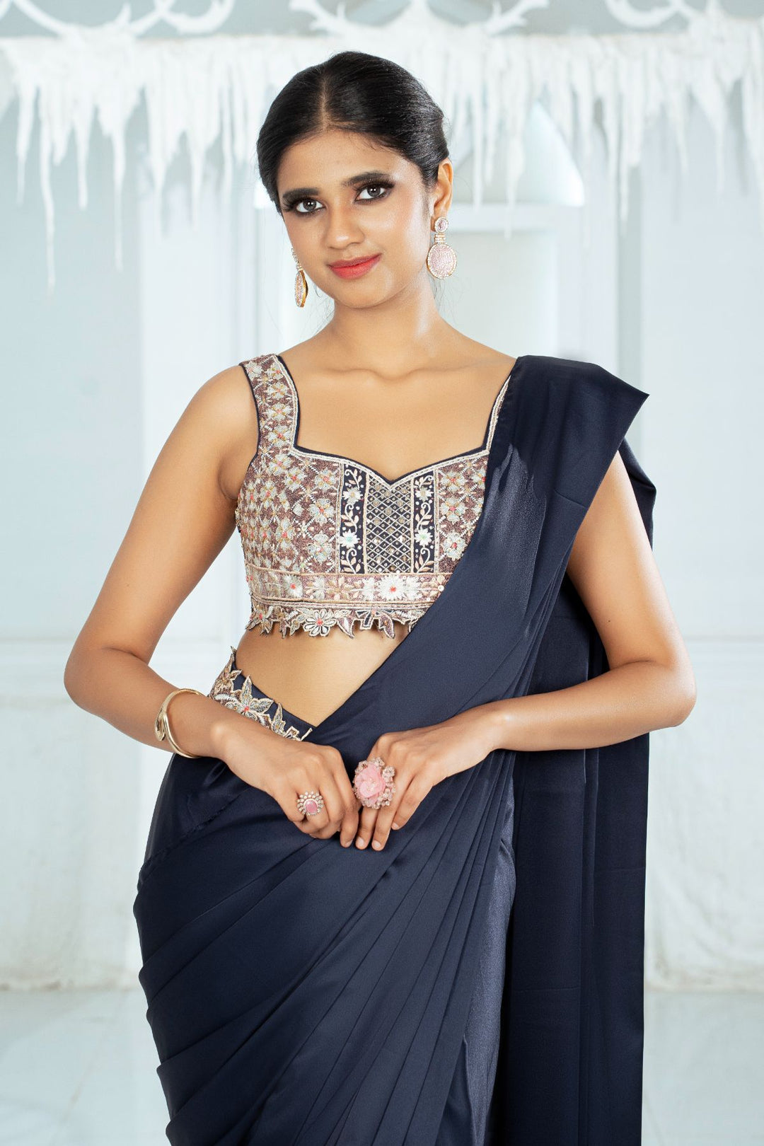 Hira Drape Saree-Navy Blue