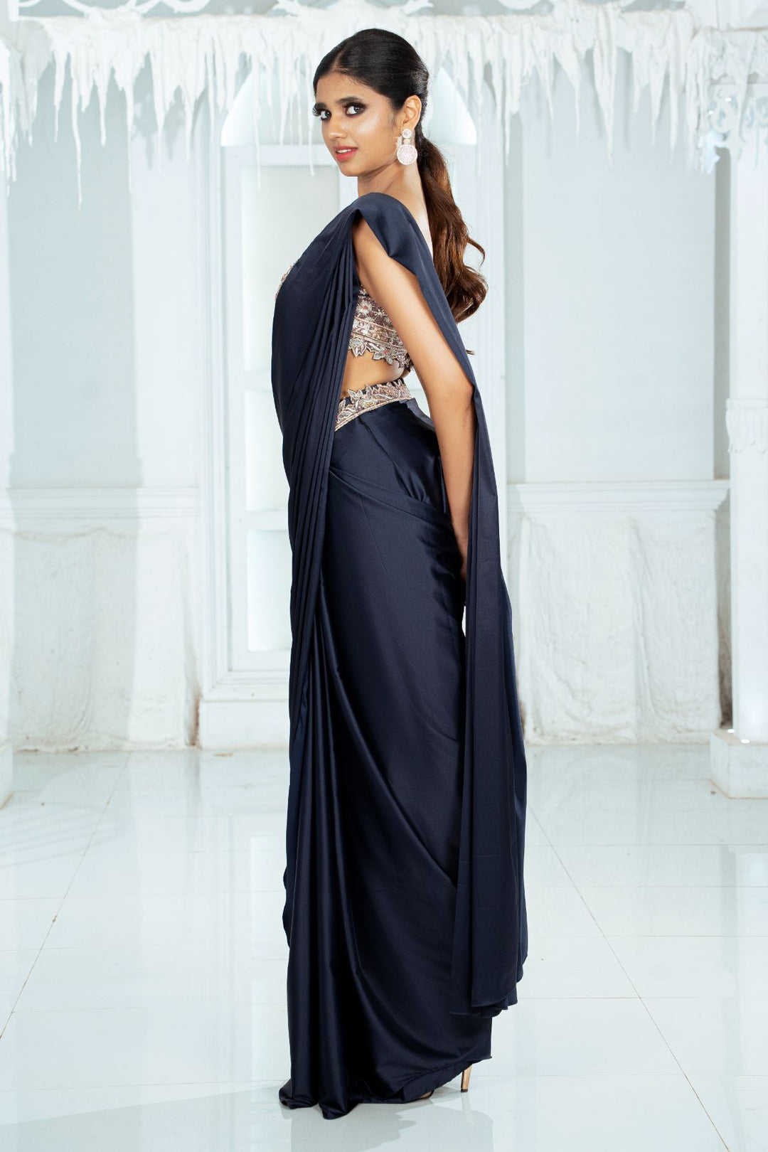 Hira Drape Saree-Navy Blue