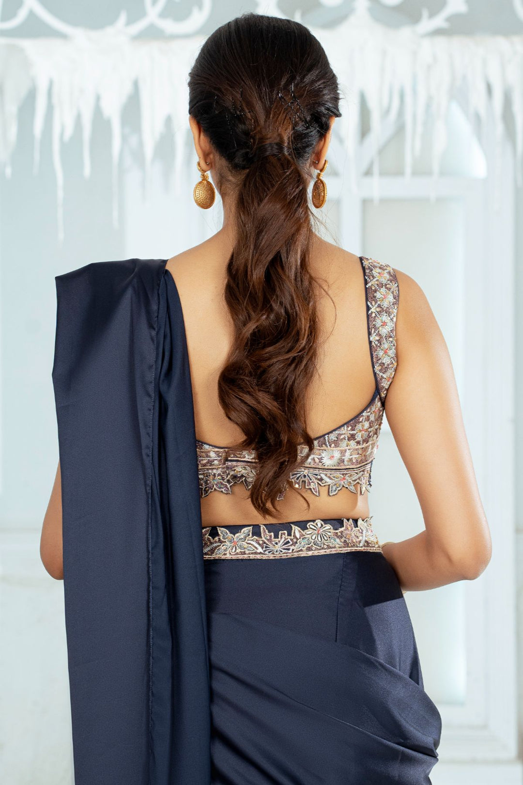 Hira Drape Saree-Navy Blue