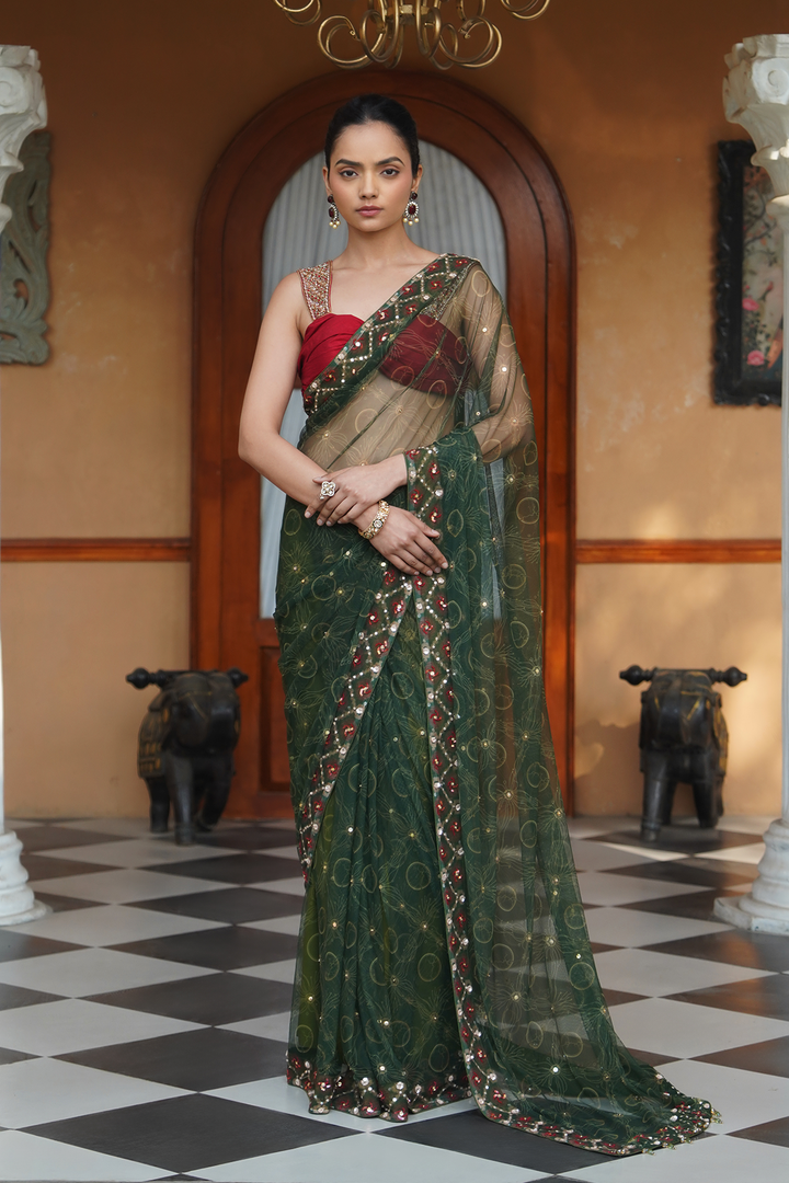 Mavis Net Saree - Green